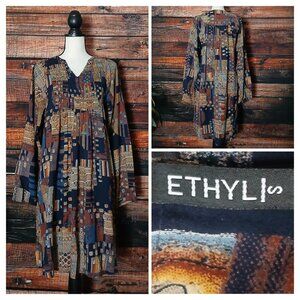 Ethyl Shift Dress S Bohemian Patchwork Print Long Sleeve Rayon Hippie Flowy